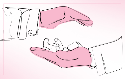 Illustration of a newborn being passed from one pair of hands to another