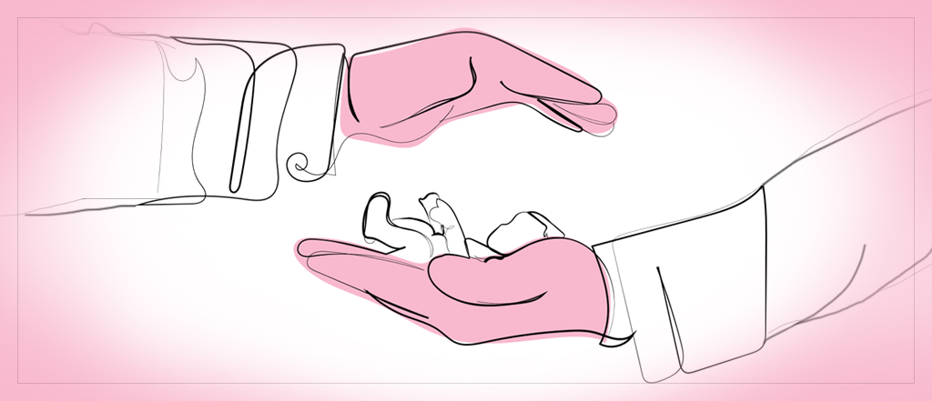 Illustration of a newborn being passed from one pair of hands to another