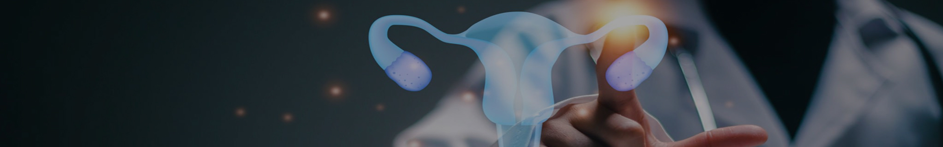 A gynaecologist points to a translucent 3D anatomical model of a uterus and ovaries against a dark, science-themed background